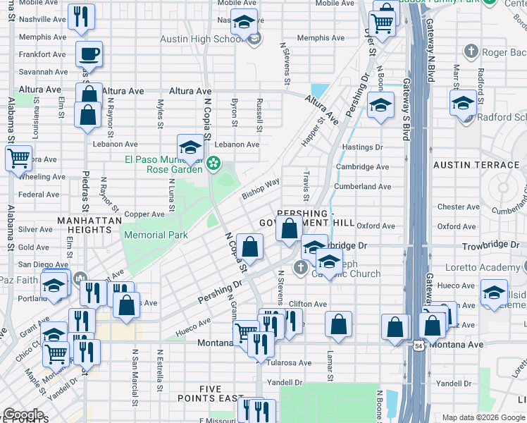 map of restaurants, bars, coffee shops, grocery stores, and more near 3675 Morenci Road in El Paso