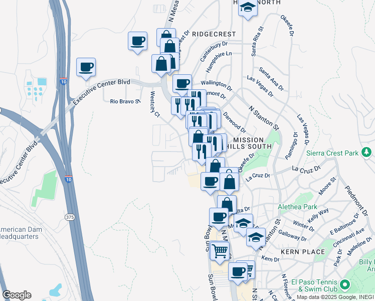map of restaurants, bars, coffee shops, grocery stores, and more near 1 Westcity Court in El Paso