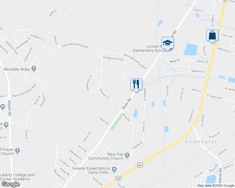 map of restaurants, bars, coffee shops, grocery stores, and more near 159 Wayfair Lane in Hinesville