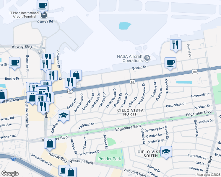 map of restaurants, bars, coffee shops, grocery stores, and more near 1520 Greenwood Circle in El Paso