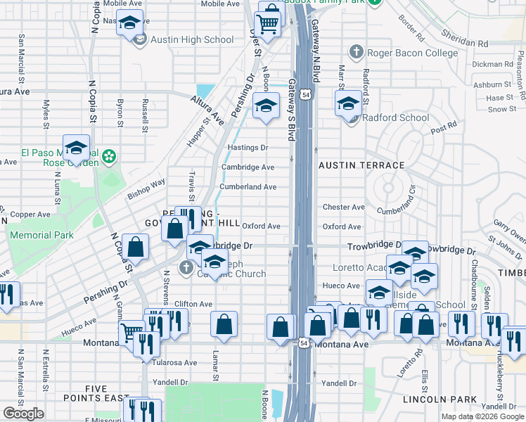 map of restaurants, bars, coffee shops, grocery stores, and more near 4030 Chester Avenue in El Paso