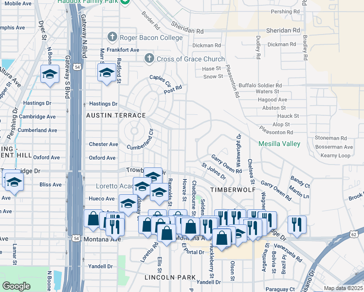 map of restaurants, bars, coffee shops, grocery stores, and more near 1722 Raynolds Street in El Paso