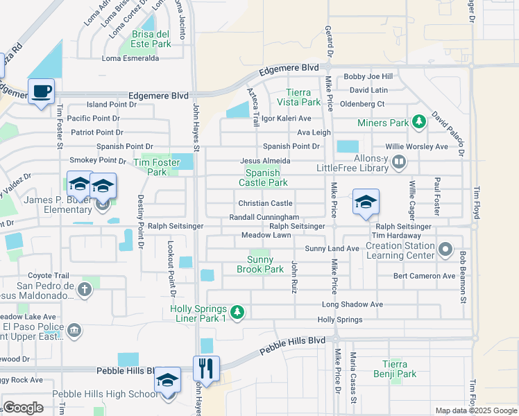 map of restaurants, bars, coffee shops, grocery stores, and more near 14561 Christian Castle in El Paso