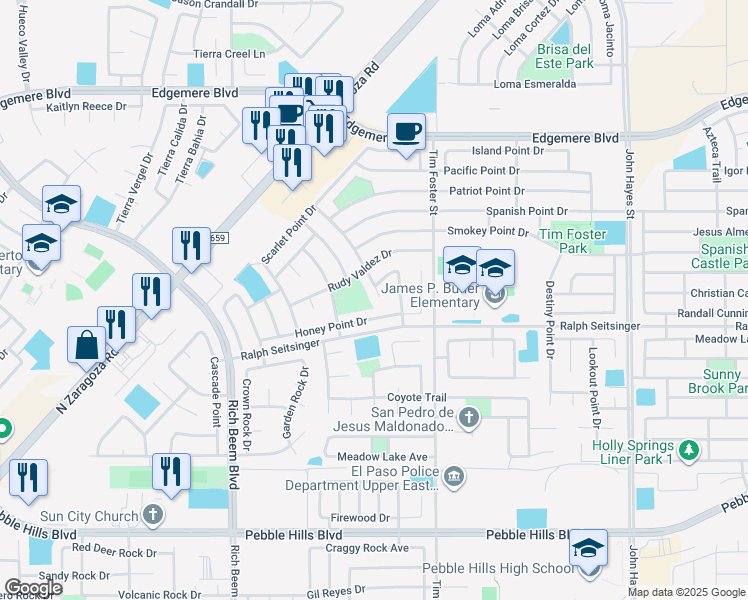 map of restaurants, bars, coffee shops, grocery stores, and more near 3245 Emerald Point Drive in El Paso