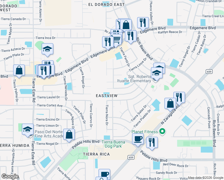 map of restaurants, bars, coffee shops, grocery stores, and more near 12705 Tierra Alexis Drive in El Paso