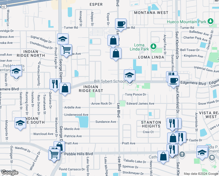 map of restaurants, bars, coffee shops, grocery stores, and more near 11410 Edgemere Boulevard in El Paso
