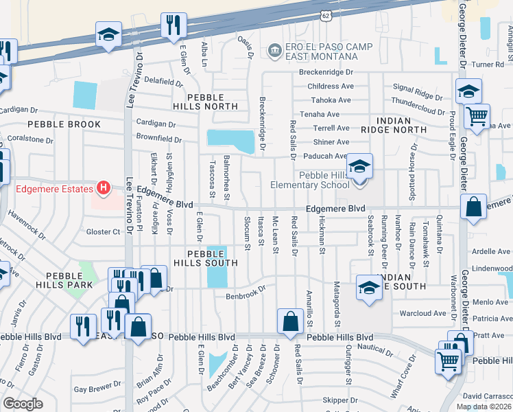 map of restaurants, bars, coffee shops, grocery stores, and more near 3408 Slocum Street in El Paso