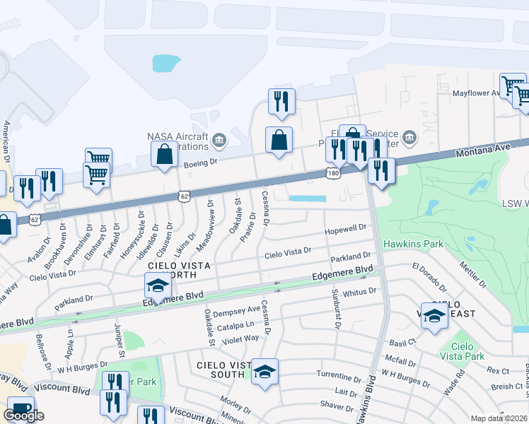 map of restaurants, bars, coffee shops, grocery stores, and more near 1504 Prairie Drive in El Paso