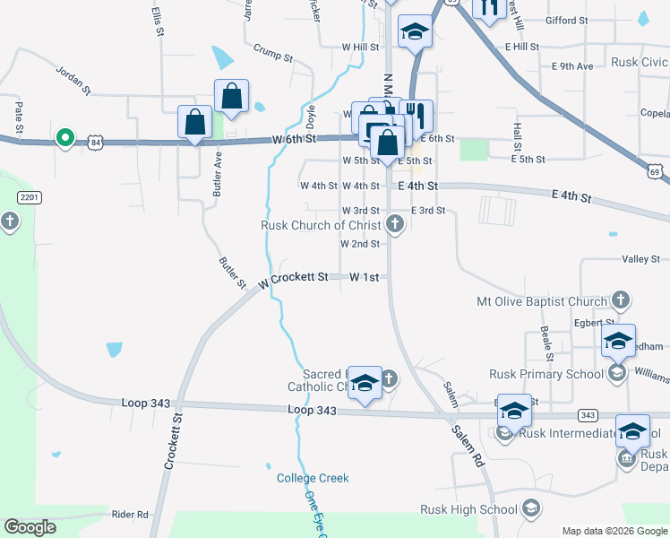 map of restaurants, bars, coffee shops, grocery stores, and more near 107-199 Farm-To-Market Road 23 in Rusk