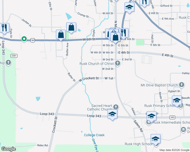map of restaurants, bars, coffee shops, grocery stores, and more near 438 Barron Street in Rusk