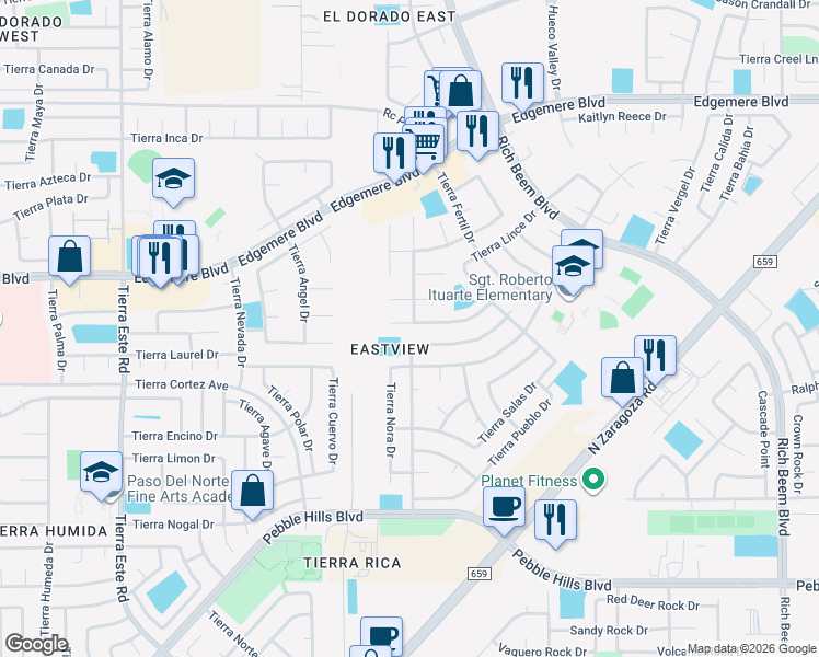map of restaurants, bars, coffee shops, grocery stores, and more near 12705 Tierra Alexis Drive in El Paso