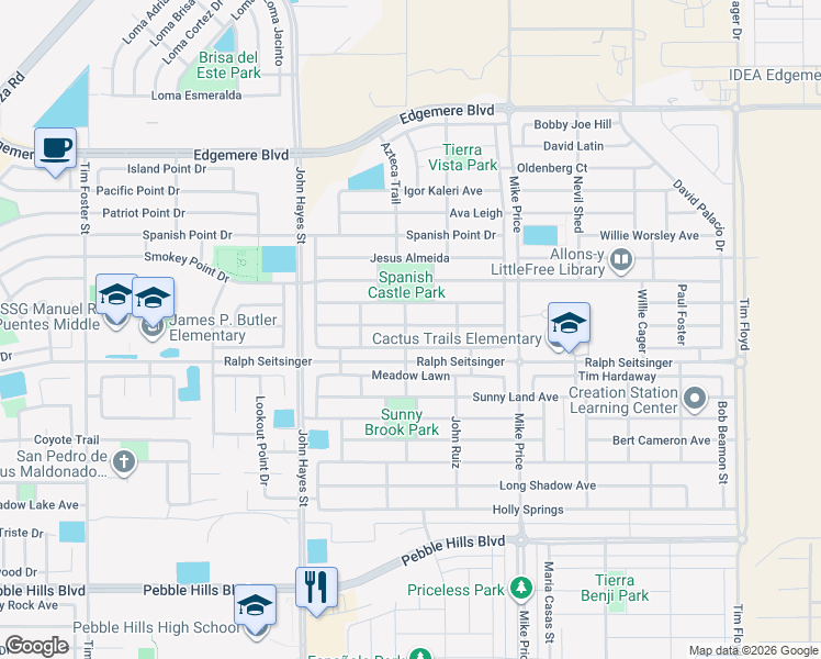 map of restaurants, bars, coffee shops, grocery stores, and more near 14613 Christian Castle in El Paso