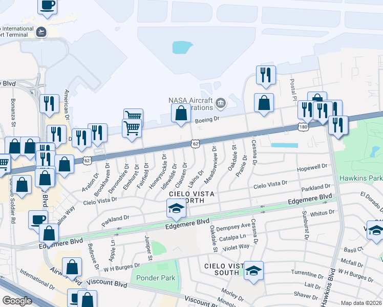 map of restaurants, bars, coffee shops, grocery stores, and more near 1517 Dennis Circle in El Paso
