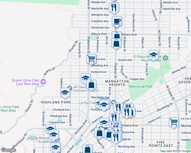 map of restaurants, bars, coffee shops, grocery stores, and more near 2611 Copper Avenue in El Paso