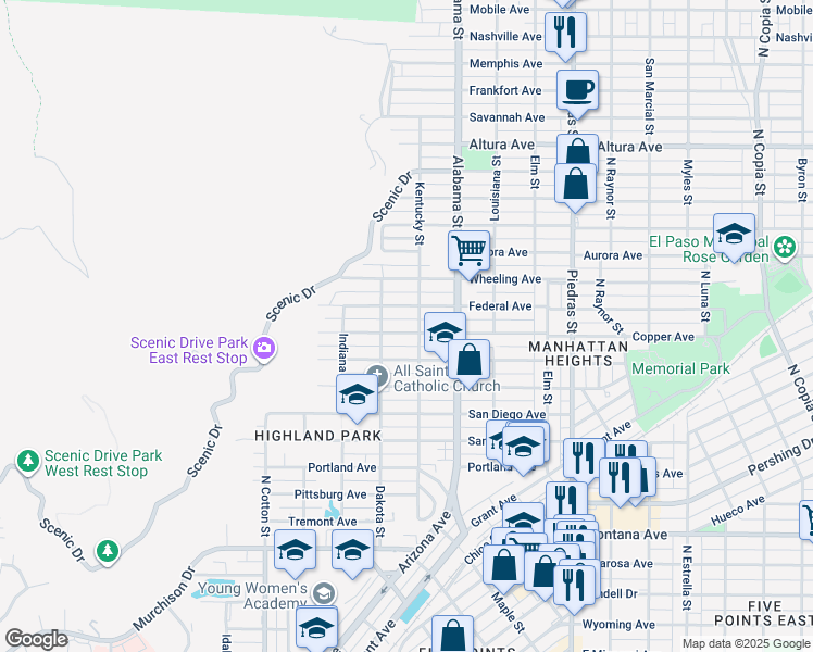 map of restaurants, bars, coffee shops, grocery stores, and more near 2423 Copper Avenue in El Paso