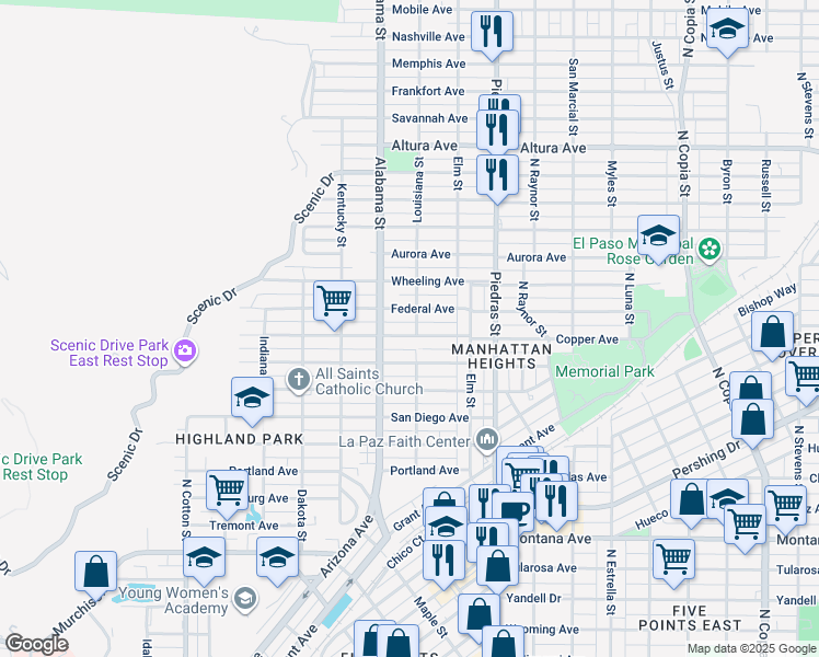 map of restaurants, bars, coffee shops, grocery stores, and more near 2611 Copper Avenue in El Paso