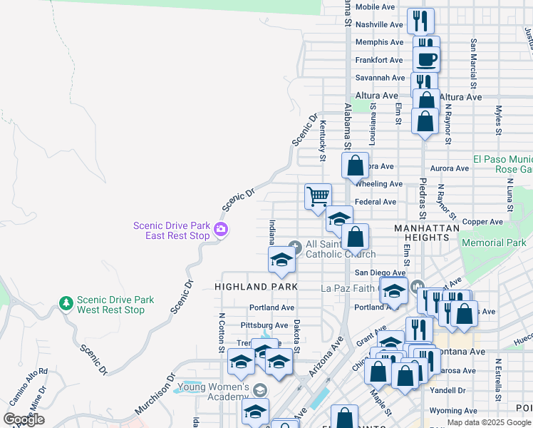 map of restaurants, bars, coffee shops, grocery stores, and more near 2200 Federal Avenue in El Paso