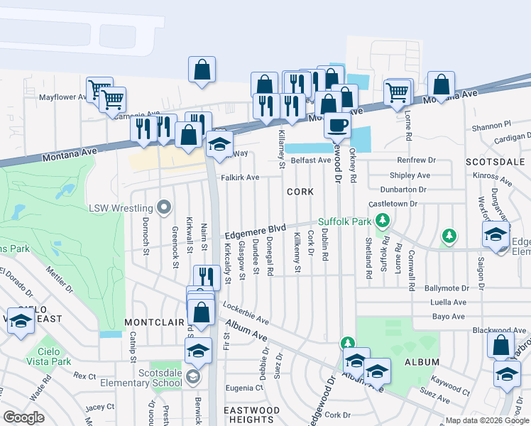 map of restaurants, bars, coffee shops, grocery stores, and more near 3309 Donegal Road in El Paso