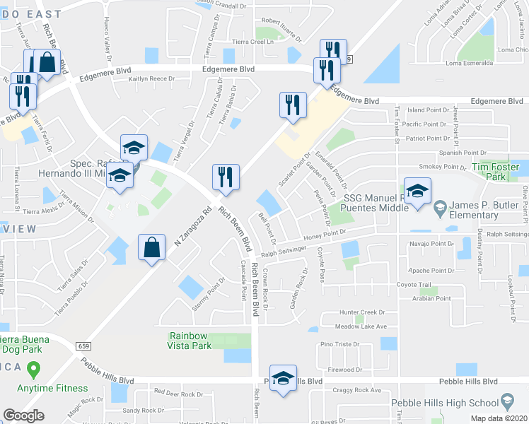 map of restaurants, bars, coffee shops, grocery stores, and more near 3256 Bell Point Drive in El Paso