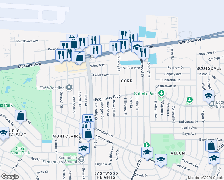 map of restaurants, bars, coffee shops, grocery stores, and more near 3309 Donegal Road in El Paso