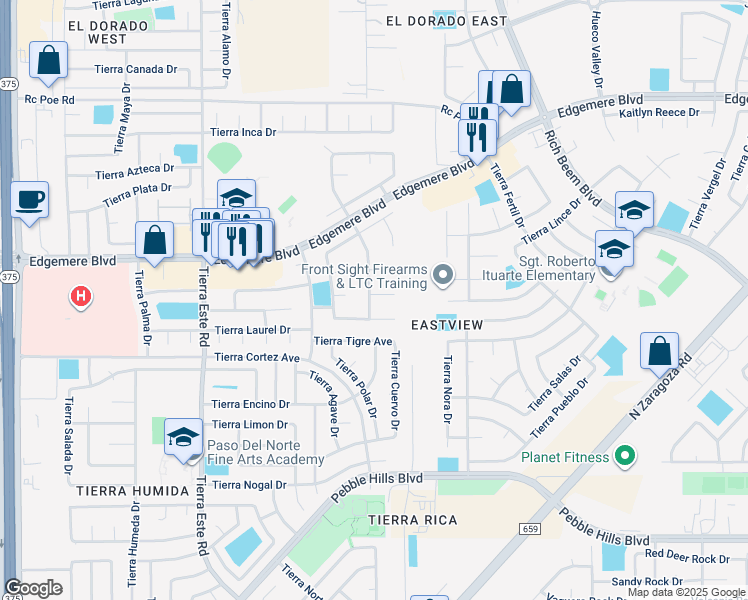 map of restaurants, bars, coffee shops, grocery stores, and more near 12644 Tierra Gema Court in El Paso