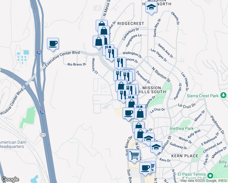 map of restaurants, bars, coffee shops, grocery stores, and more near 1 Westcity Court in El Paso