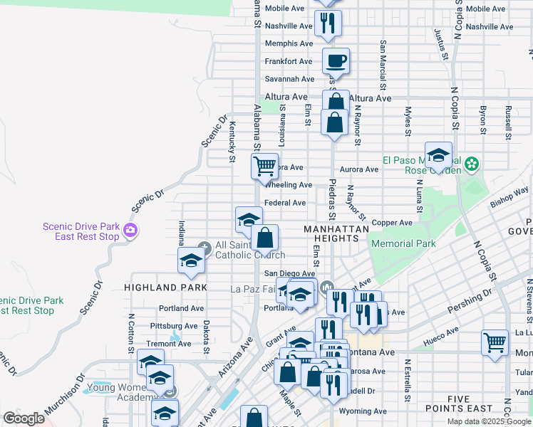map of restaurants, bars, coffee shops, grocery stores, and more near 2611 Copper Avenue in El Paso