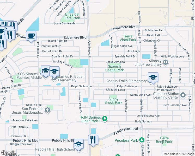 map of restaurants, bars, coffee shops, grocery stores, and more near 14640 Christian Castle in El Paso