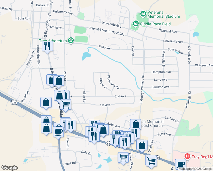 map of restaurants, bars, coffee shops, grocery stores, and more near 101-199 Hilltop Drive in Troy