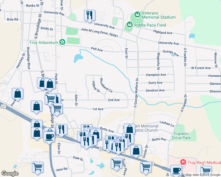map of restaurants, bars, coffee shops, grocery stores, and more near 300 Woodland Circle in Troy