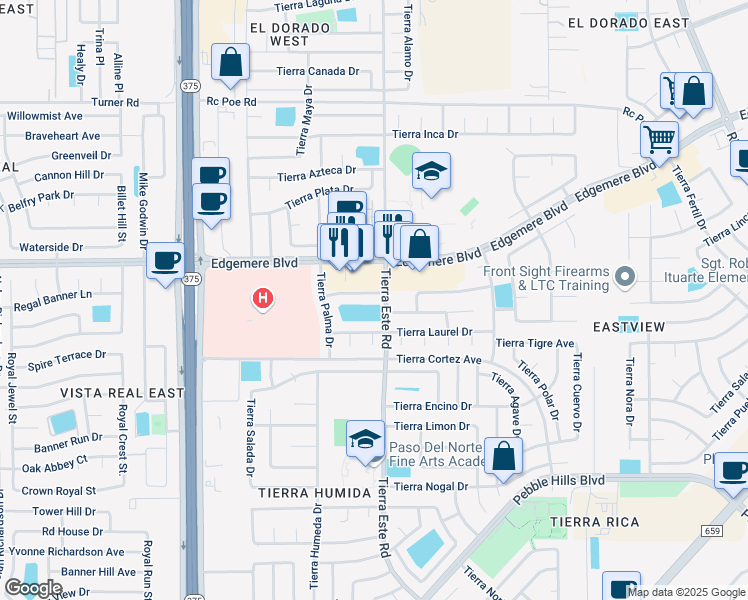 map of restaurants, bars, coffee shops, grocery stores, and more near 12348 Tierra Limpia Drive in El Paso