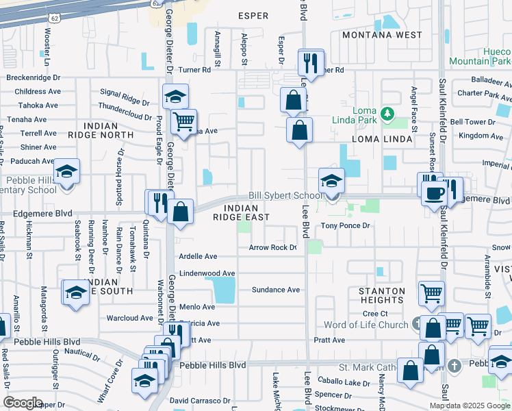 map of restaurants, bars, coffee shops, grocery stores, and more near 3361 Broken Bow Street in El Paso