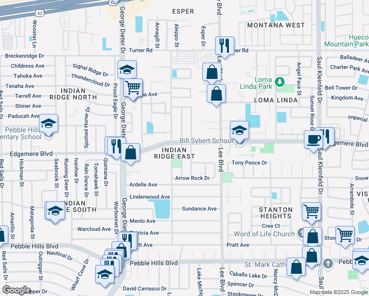 map of restaurants, bars, coffee shops, grocery stores, and more near 3361 Broken Bow Street in El Paso
