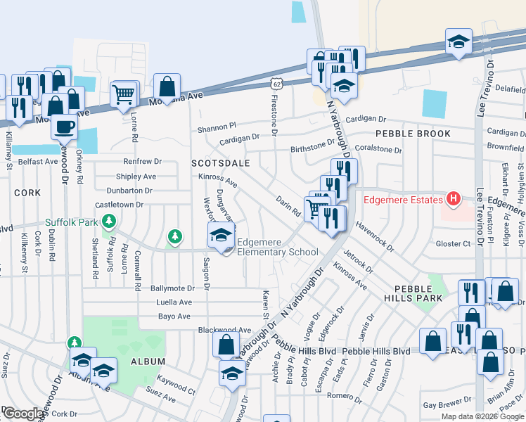map of restaurants, bars, coffee shops, grocery stores, and more near 3338 Shedfield Place in El Paso