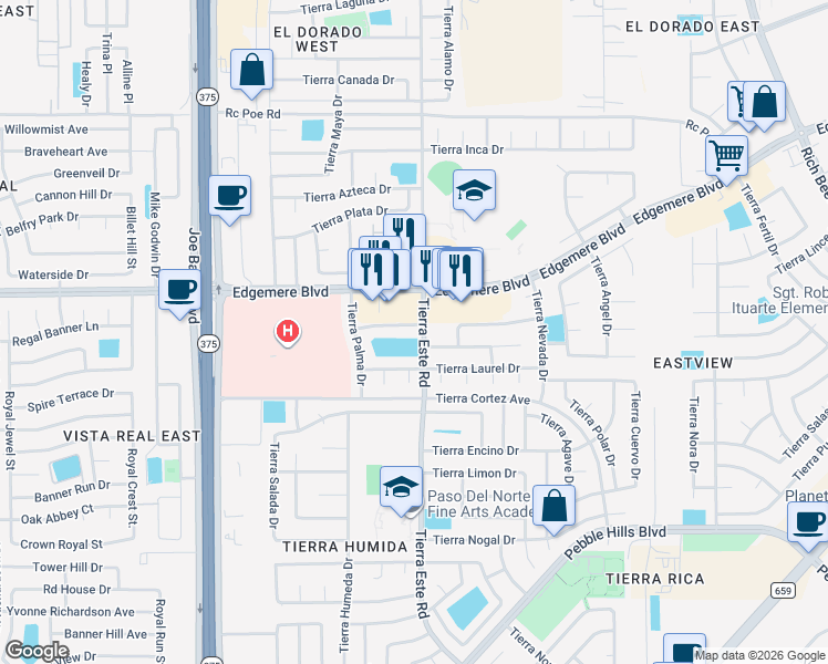 map of restaurants, bars, coffee shops, grocery stores, and more near 12348 Tierra Limpia Drive in El Paso