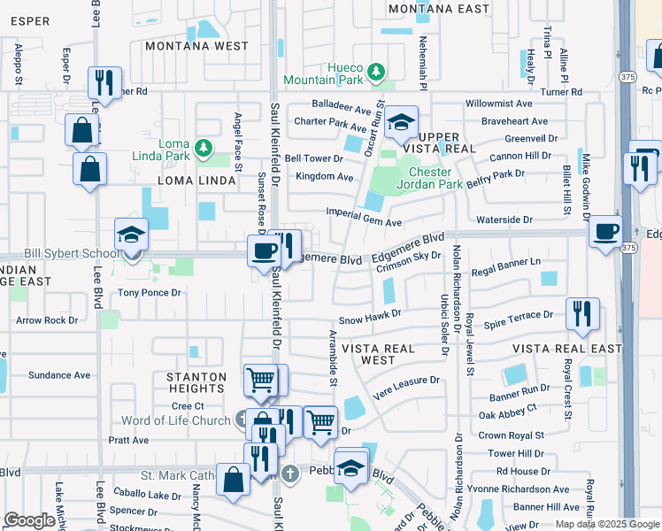 map of restaurants, bars, coffee shops, grocery stores, and more near 11753 Crimson Sky Dr in El Paso