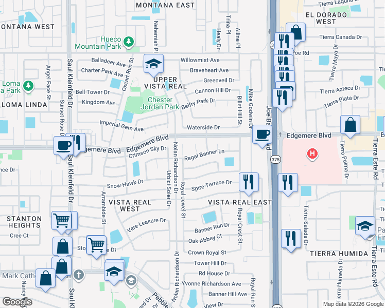 map of restaurants, bars, coffee shops, grocery stores, and more near 11941 Regal Banner Lane in El Paso