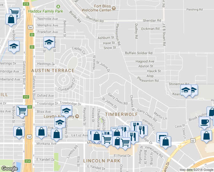 map of restaurants, bars, coffee shops, grocery stores, and more near 5109 Raymond Jays Road in El Paso