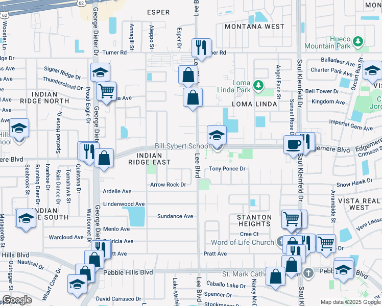 map of restaurants, bars, coffee shops, grocery stores, and more near 11410 Edgemere Boulevard in El Paso