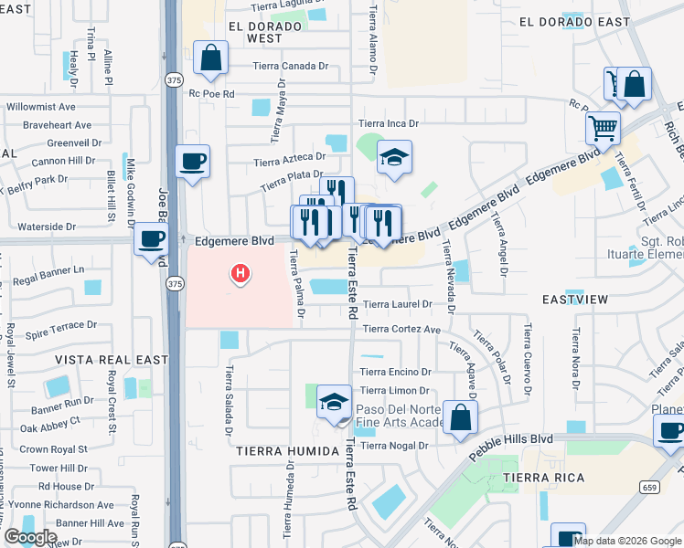 map of restaurants, bars, coffee shops, grocery stores, and more near 12348 Tierra Limpia Drive in El Paso