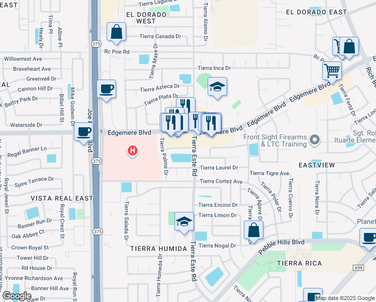 map of restaurants, bars, coffee shops, grocery stores, and more near 12344 Tierra Limpia Drive in El Paso