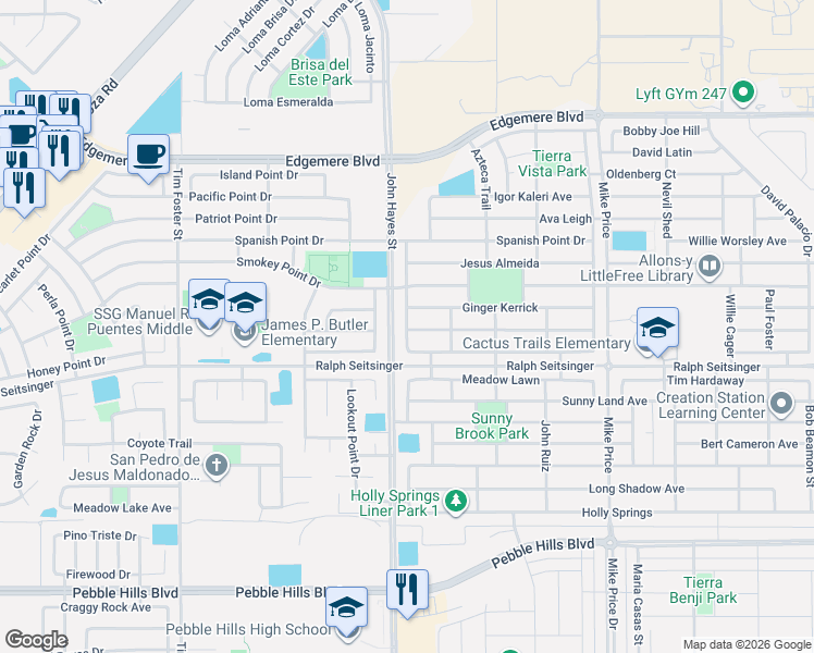 map of restaurants, bars, coffee shops, grocery stores, and more near 3213 Christian Cunningham in El Paso