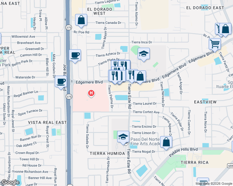 map of restaurants, bars, coffee shops, grocery stores, and more near 12316 Tierra Limpia Drive in El Paso