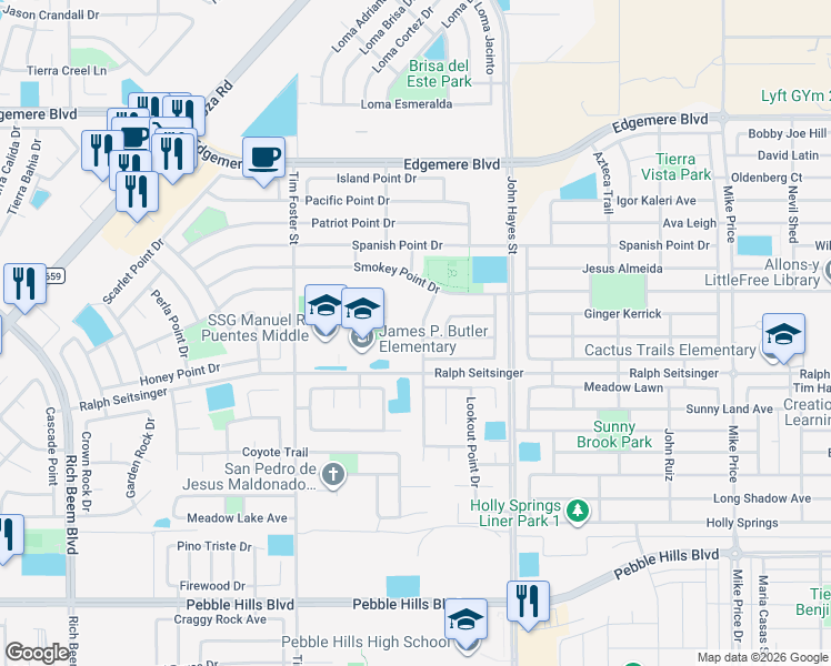 map of restaurants, bars, coffee shops, grocery stores, and more near 3217 Destiny Point Drive in El Paso