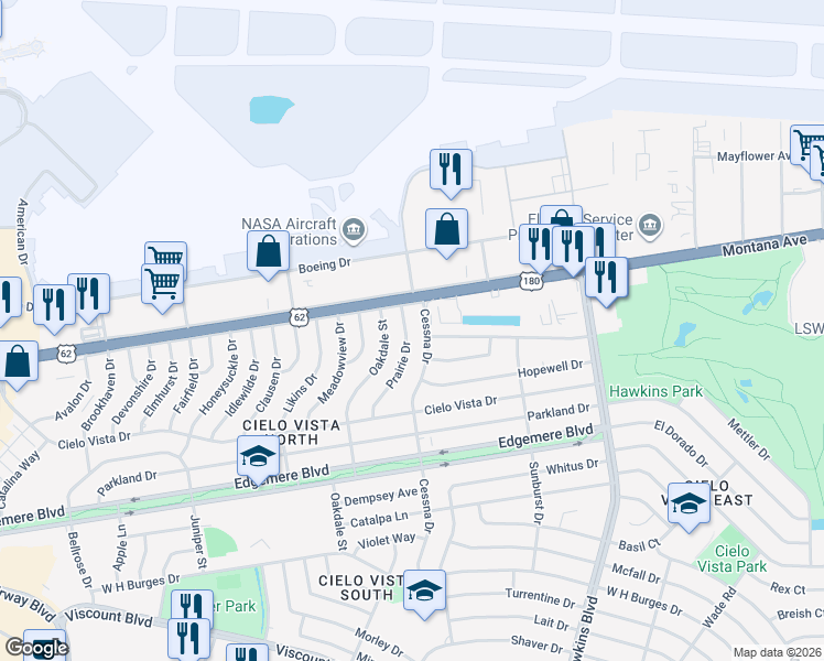 map of restaurants, bars, coffee shops, grocery stores, and more near 1504 Prairie Drive in El Paso