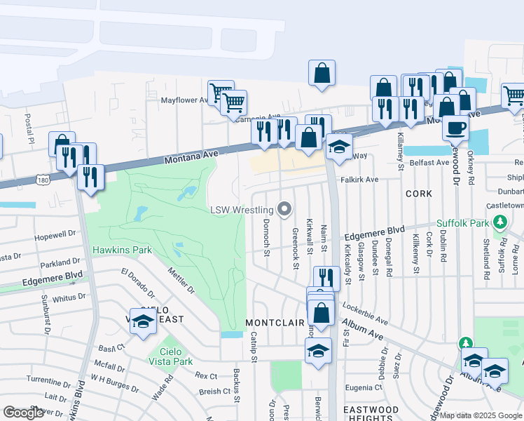 map of restaurants, bars, coffee shops, grocery stores, and more near 3439 Dornoch St in El Paso
