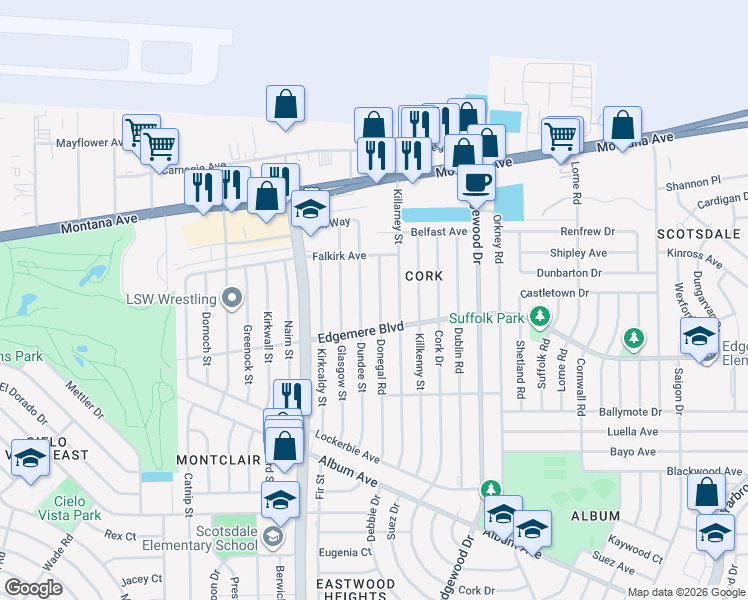 map of restaurants, bars, coffee shops, grocery stores, and more near 3309 Donegal Road in El Paso