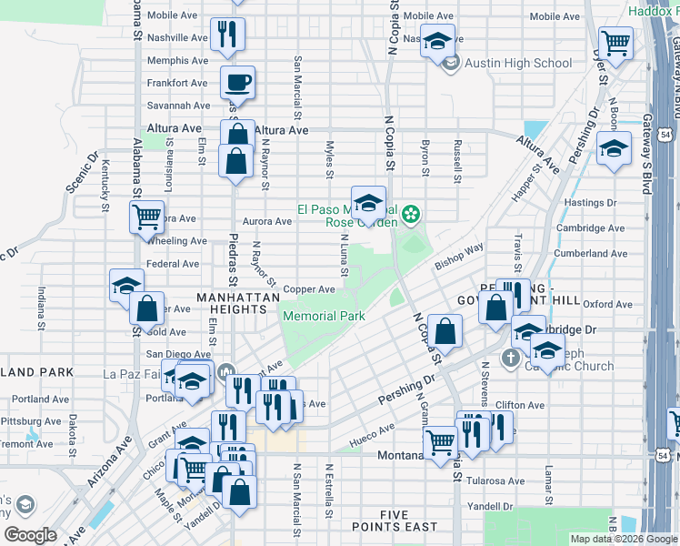 map of restaurants, bars, coffee shops, grocery stores, and more near 3146 Federal Avenue in El Paso