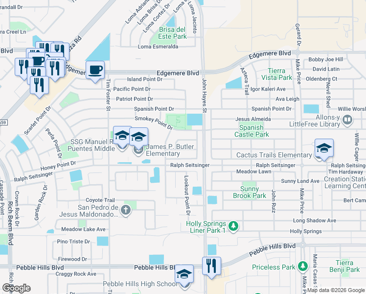 map of restaurants, bars, coffee shops, grocery stores, and more near 14425 Delta Point Court in El Paso