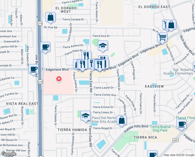 map of restaurants, bars, coffee shops, grocery stores, and more near 3313 Tierra Espada Drive in El Paso